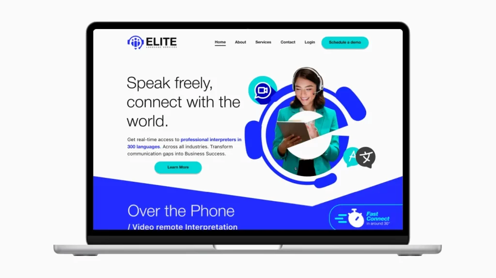 Elite Language Services - Multilingual interpretation platform interface.