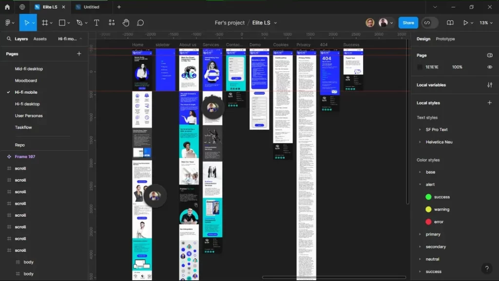 Overview of mobile and desktop prototypes in Figma for Elite Language Services.