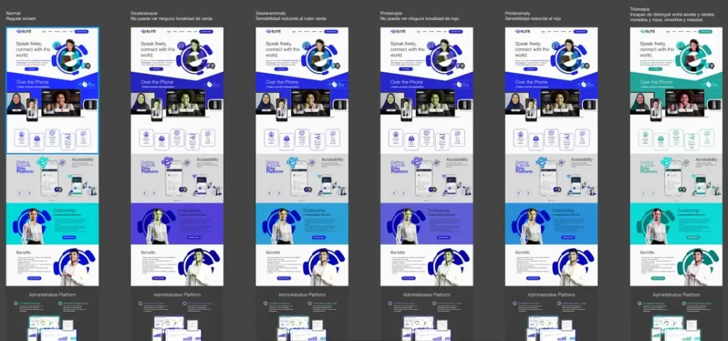 Side-by-side webpage designs tested for color blindness and accessibility compliance.